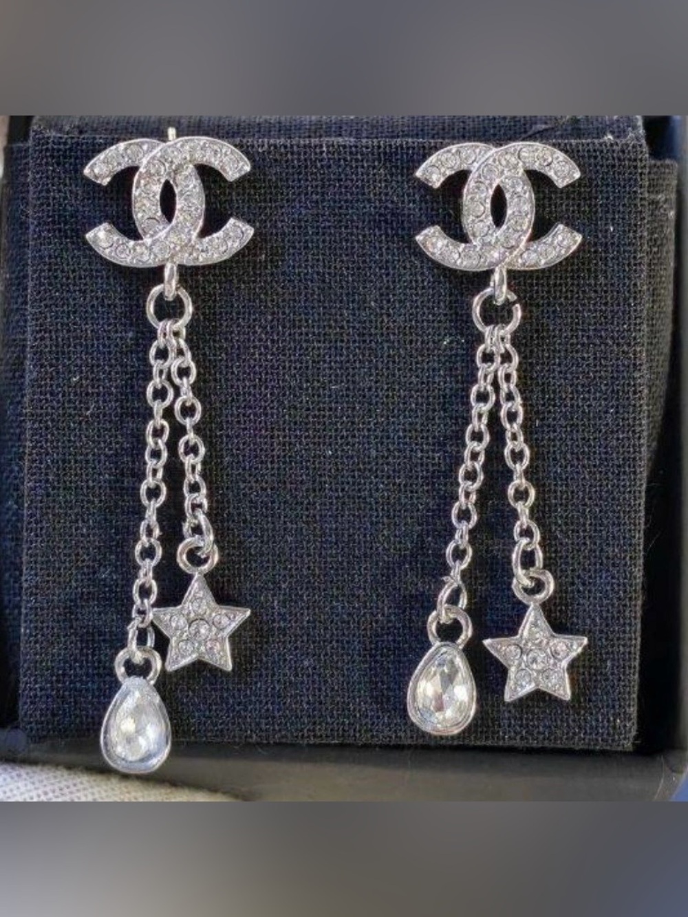 Double C Silver -Tone Crystal Embellished Star 🌟 Drop Earrings